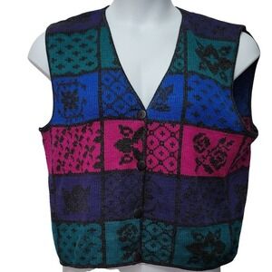 Vintage Women Patchwork Color Block V-Neck Knit Vest L Preppy Academia Y2K Artsy